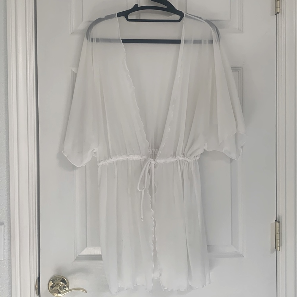 Sheer White Swim Coverup - tie waist - o/s